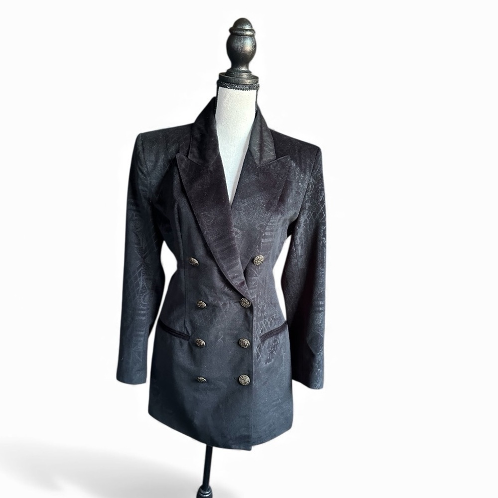 Cache Women’s Longline Textured Black Blazer Gold Buttons Size 6